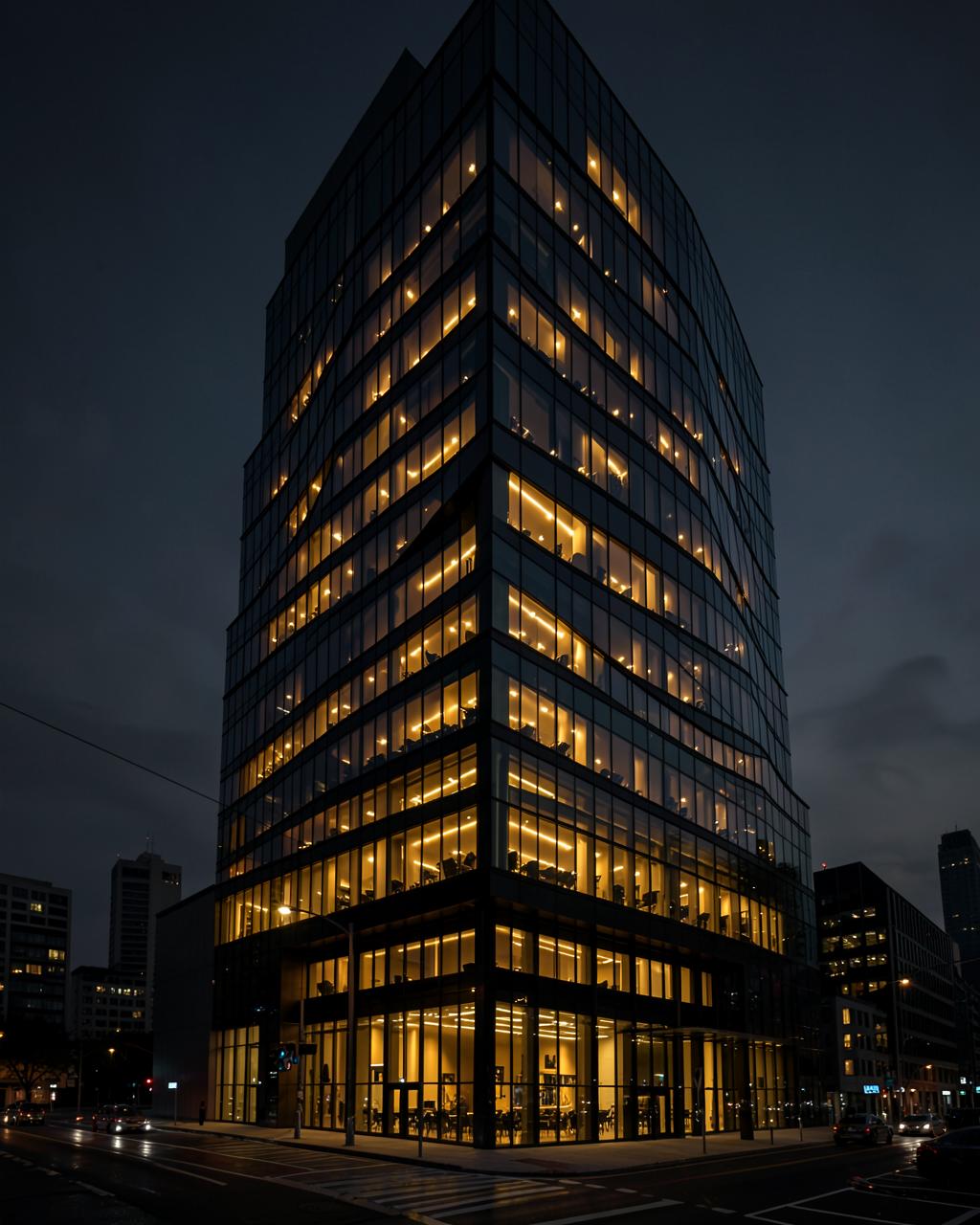 Premium corporate real estate headquarters illuminated at night